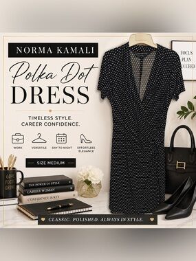 Norma Kamali Black White Polka Dot Stretch Midi Dress Size Medium